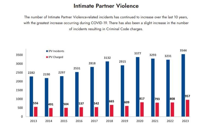 Chart by the Greater Sudbury Police Service shows intimate partner violence incidents and charges in its jurisdiction over a 10-year period. 