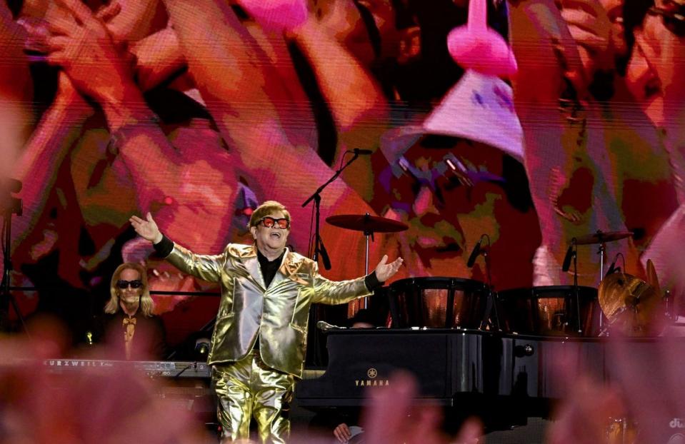 A WORTHY SEND-OFF:  Sir Elton Johnperformed what was rumoured to be his finalUK show at Glastonbury in June. He rattledthrough a two-hour set of his greatest hits andleft the stage to rapturous applause (Leon Neal/Getty Images)