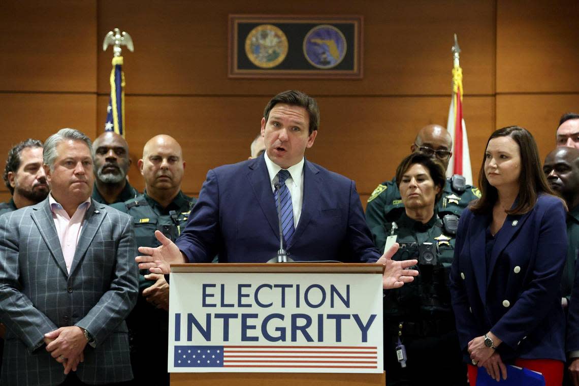 Gov. Ron DeSantis speaks during a news conference at the Broward County Courthouse in Fort Lauderdale on Thursday, Aug. 18, 2022.