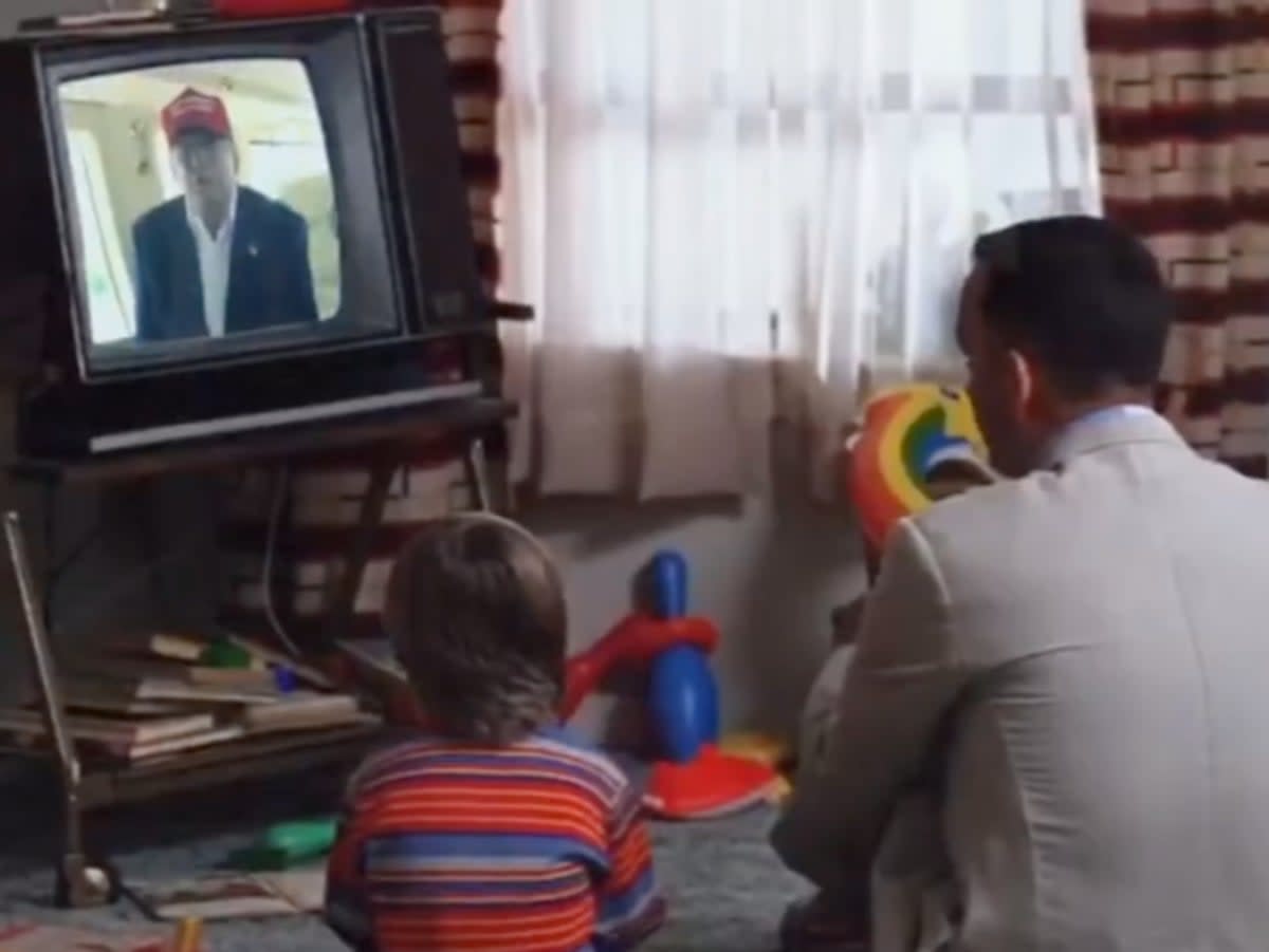 A shot from an edited video showing characters from the film Forrest Gump watching former President Donald Trump on television (screengrab/Donald Trump/Truth Social)