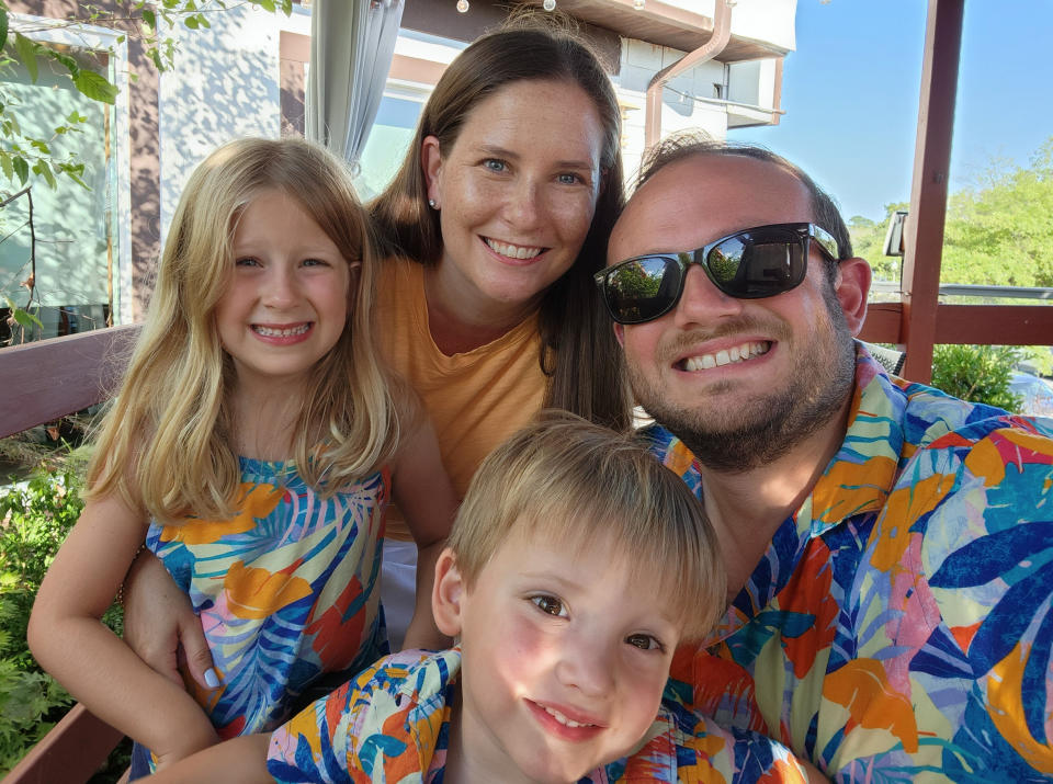 The Overland family (from top, clockwise): Katie, Scott, kids Logan (2) and Addie (6). (Courtesy Scott Overland)