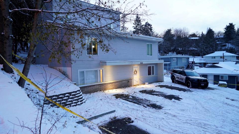 The off-campus residence where the four students were found dead on Nov. 13, 2022. Xana Kernodle, Madison Mogen and Kaylee Goncalves shared the residence with two other roommates, who were unharmed. / Credit: AP Images