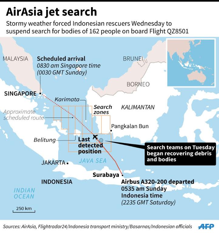 Map showing the area in the Java Sea where search teams began recovering debris and bodies from the crashed AirAsia Flight QZ8501