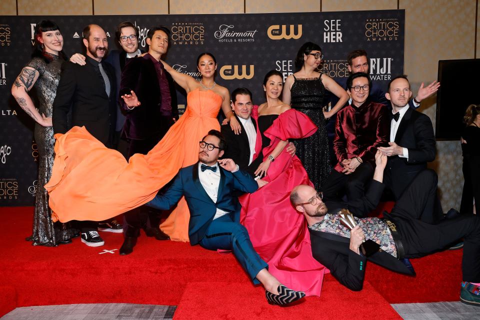 Kelsi Ephraim, Jason Kisvarday, Zak Stoltz, Harry Shum Jr., Stephanie Hsu, Dan Kwan, Jonathan Wang, Michelle Yeoh, Daniel Scheinert, Shirley Kurata, Ke Huy Quan, Paul Rogers, and Jon Read, winners of Best Picture award for "Everything Everywhere All at Once", pose in the press room during the 28th Annual Critics Choice Awards at Fairmont Century Plaza on January 15, 2023 in Los Angeles, California.