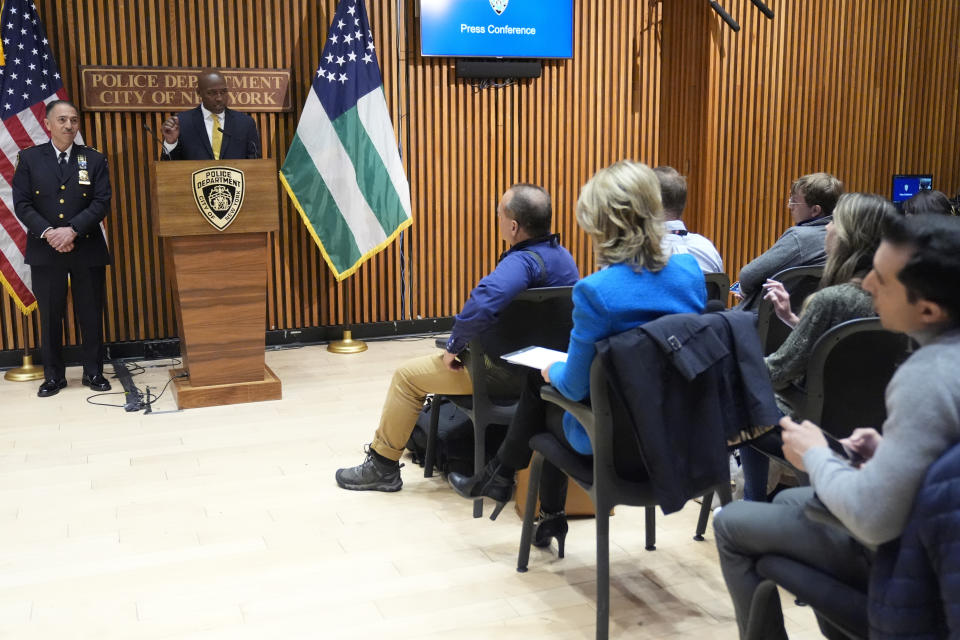 New York City Police Dept. Deputy Commissioner of Public Information Tarik Sheppard, center right, is joined by Assistant Chief at Emergency Services Unit Carlos Valdez, left, as he speaks to reporters during a news conference at police headquarters, Friday, May 3, 2024, in New York. (AP Photo/Mary Altaffer)