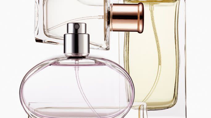 Close up image of various fragrance bottles