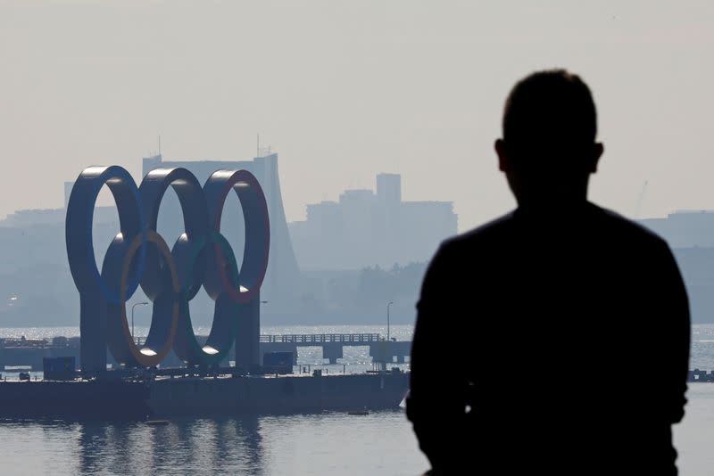 Giant Olympic rings at a park ,amid the coronavirus disease (COVID-19) outbreak