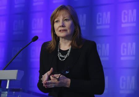 General Motors CEO Mary Barra holds a media briefing before the start of GM's Annual Shareholders Meeting at the GM World Headquarters in Detroit June 10, 2014. REUTERS/Rebecca Cook