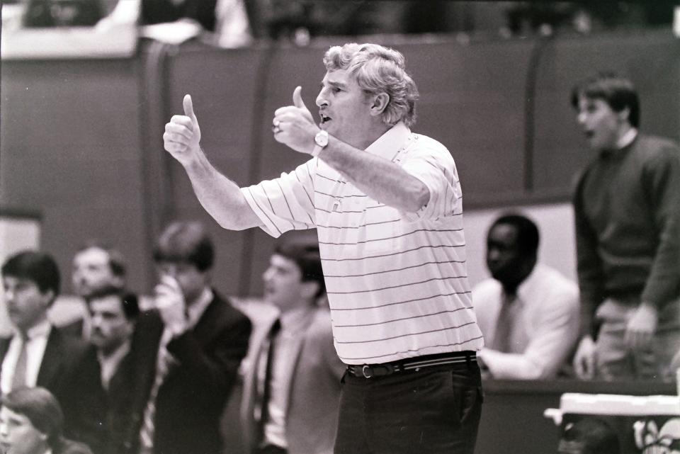 Bob Knight asks for a jump ball during the "chair-toss" game in 1985. 
