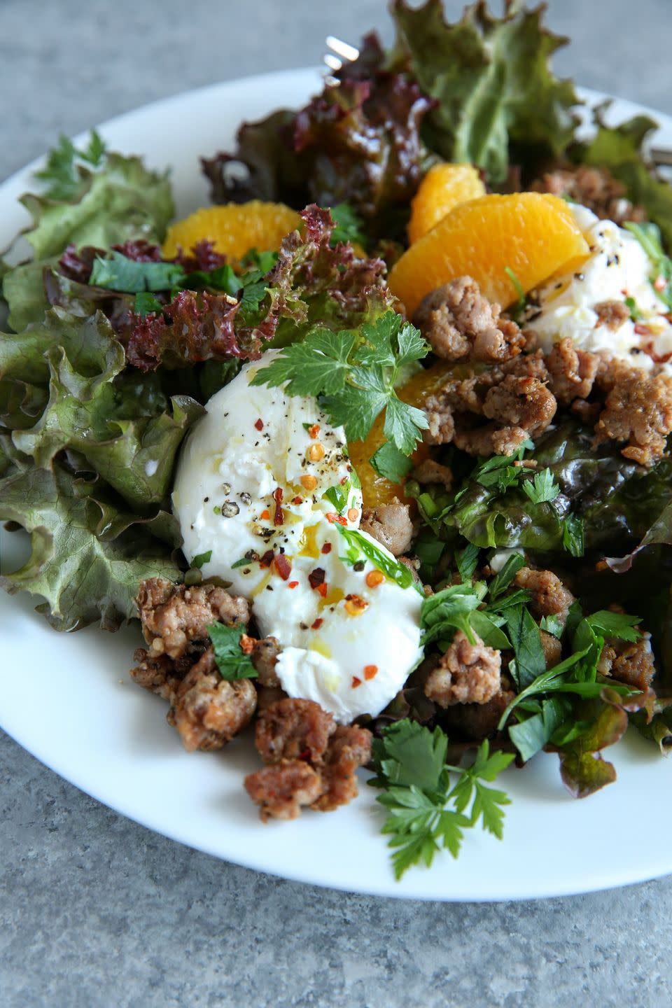 Crispy Sausage and Burrata Salad