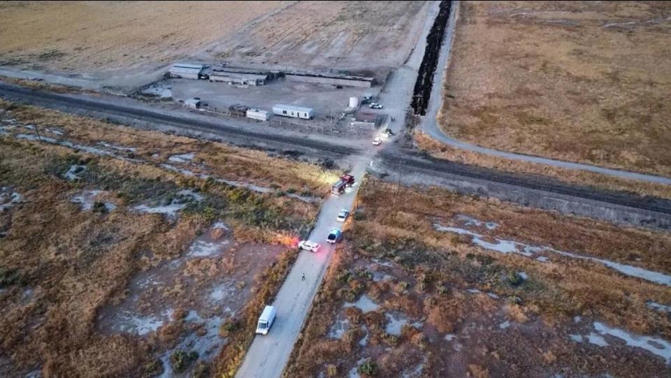 The Fresno County Sheriff’s Office shared this photo on social media describing the death of a 34-year-old woman and her dog who apparently walked on fallen power lines and were electrocuted west of Mendota, California, on Wednesday, Aug. 16, 2023.