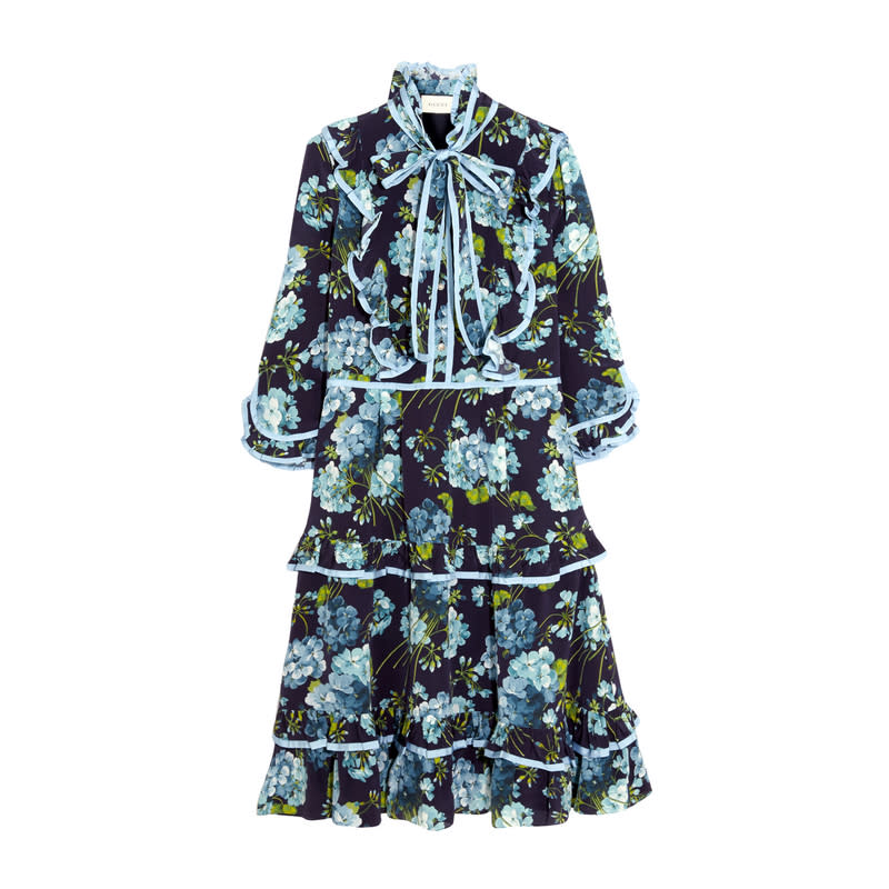 <a rel="nofollow noopener" href="http://rstyle.me/~9NO7B" target="_blank" data-ylk="slk:Ruffled Floral-Print Silk Crepe De Chine Dress, Gucci, $2800;elm:context_link;itc:0;sec:content-canvas" class="link ">Ruffled Floral-Print Silk Crepe De Chine Dress, Gucci, $2800</a>