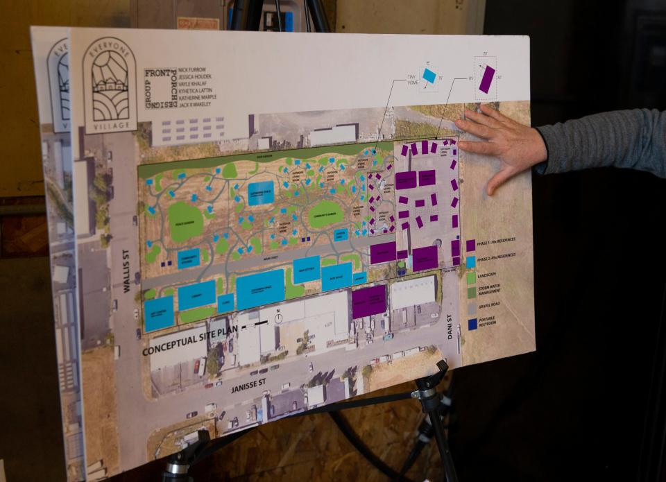 Co-founder of Everyone Village Heather Sielicki shows off a concept drawing for the new Safe Sleep site in west Eugene.