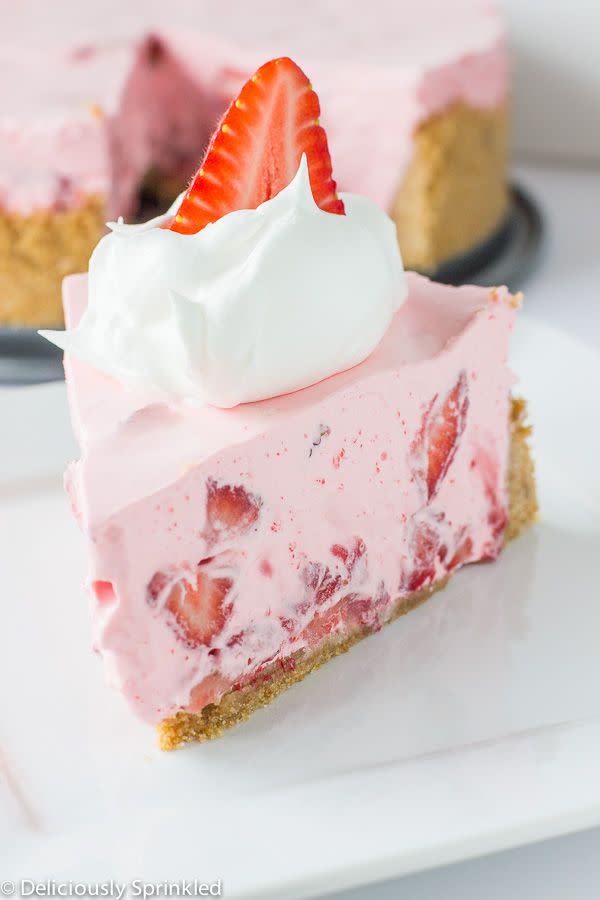 <p>Skip pre-heating your oven, and make this refreshing no-bake pie.</p><p><strong>Get the recipe at <a rel="nofollow noopener" href="http://deliciouslysprinkled.com/no-bake-strawberry-and-cream-pie/" target="_blank" data-ylk="slk:Deliciously Sprinkled;elm:context_link;itc:0;sec:content-canvas" class="link ">Deliciously Sprinkled</a>.</strong><br></p>