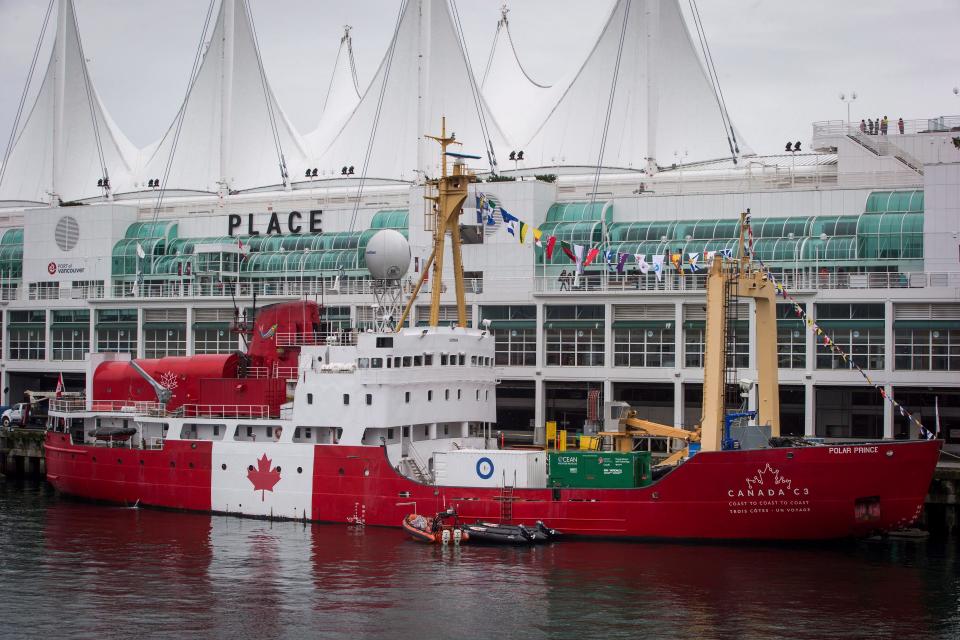 The Polar Prince ship is seen while moored in Vancouver, British Columbia, Oct. 23, 2017. A search is underway, Monday, June 19, 2023, for a missing submersible that carries people to view the wreckage of the Titanic. Unlike submarines that leave and return to port under their own power, submersibles require a ship to launch and recover them. OceanGate hired the Polar Prince to ferry dozens of people and the submersible craft to the North Atlantic wreck site. (Darryl Dyck/The Canadian Press via AP)