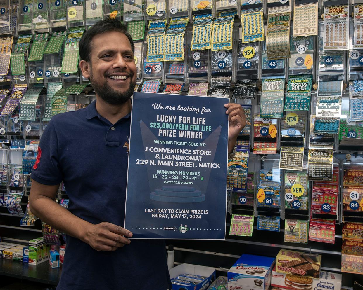 Kamal Hossain, owner of J Convenience Store & Laundromat in Natick, is looking for the holder of a Lucky For Life ticket purchased last year at his store that's good for $25,000 annually for life, April 19, 2024. The prize expires May 17.