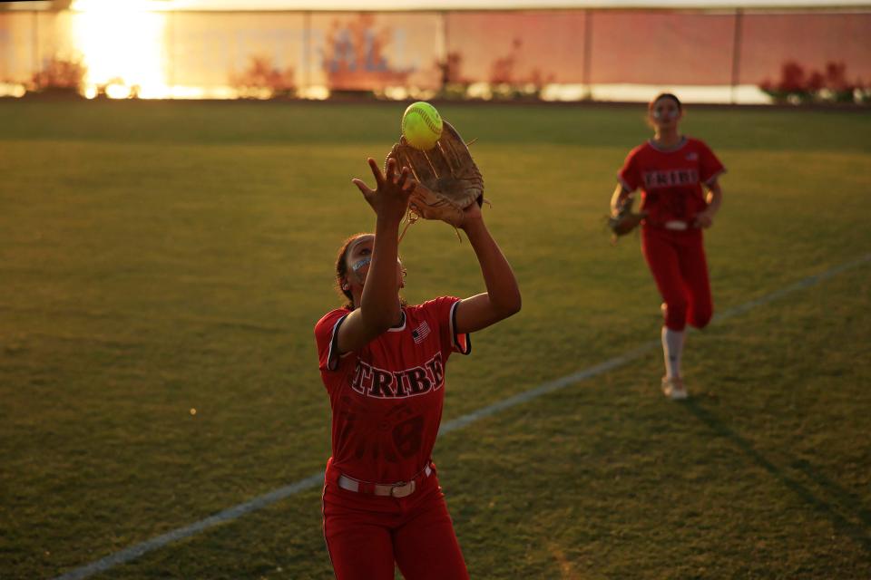 Baldwin's Amiyah Jones fields an out in foul territory against Episcopal on May 4. The eighth-grader is batting .400 at the top of the batting order.