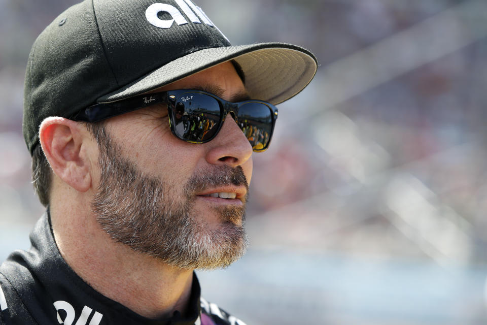 Jimmie Johnson prior to a NASCAR Cup Series auto race at Phoenix Raceway, Sunday, March 8, 2020, in Avondale, Ariz. (AP Photo/Ralph Freso)