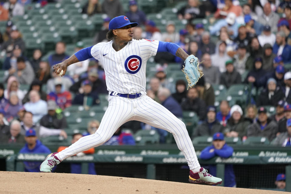 Chicago Cubs starting pitcher Marcus Stroman delivers during the first inning of the team's baseball game against the New York Mets on Wednesday, May 24, 2023, in Chicago. (AP Photo/Charles Rex Arbogast)