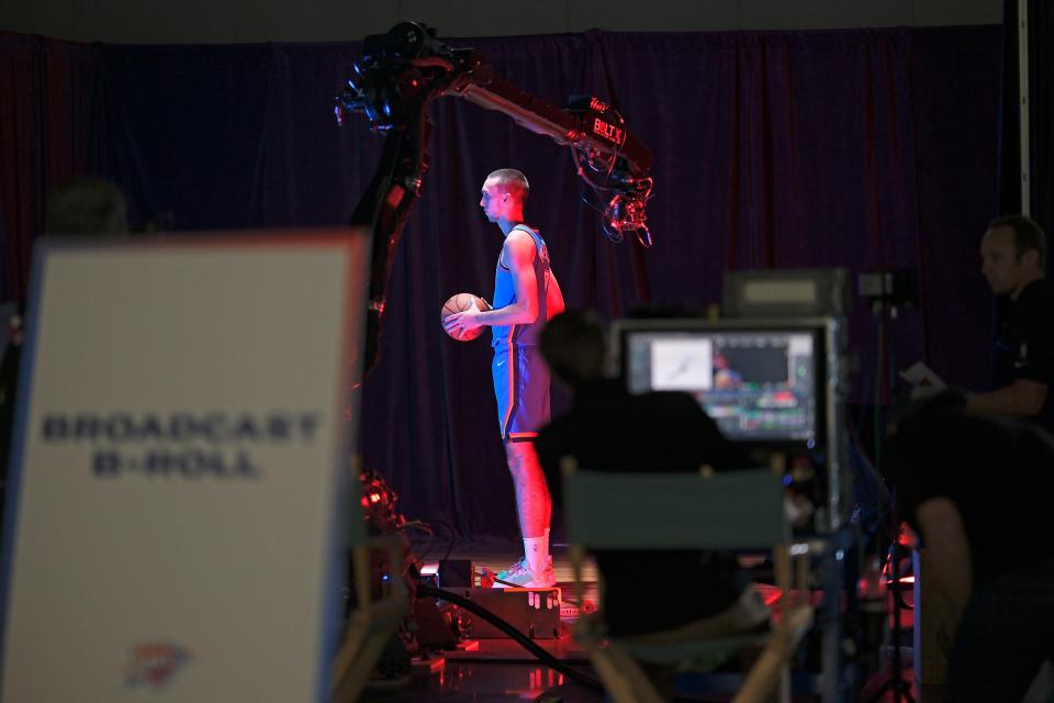 Aleksej Pokusevski (17) at a video station at Thunder Media Day, held in the Oklahoma City Convention Center on Monday, Oct. 2, 2023.