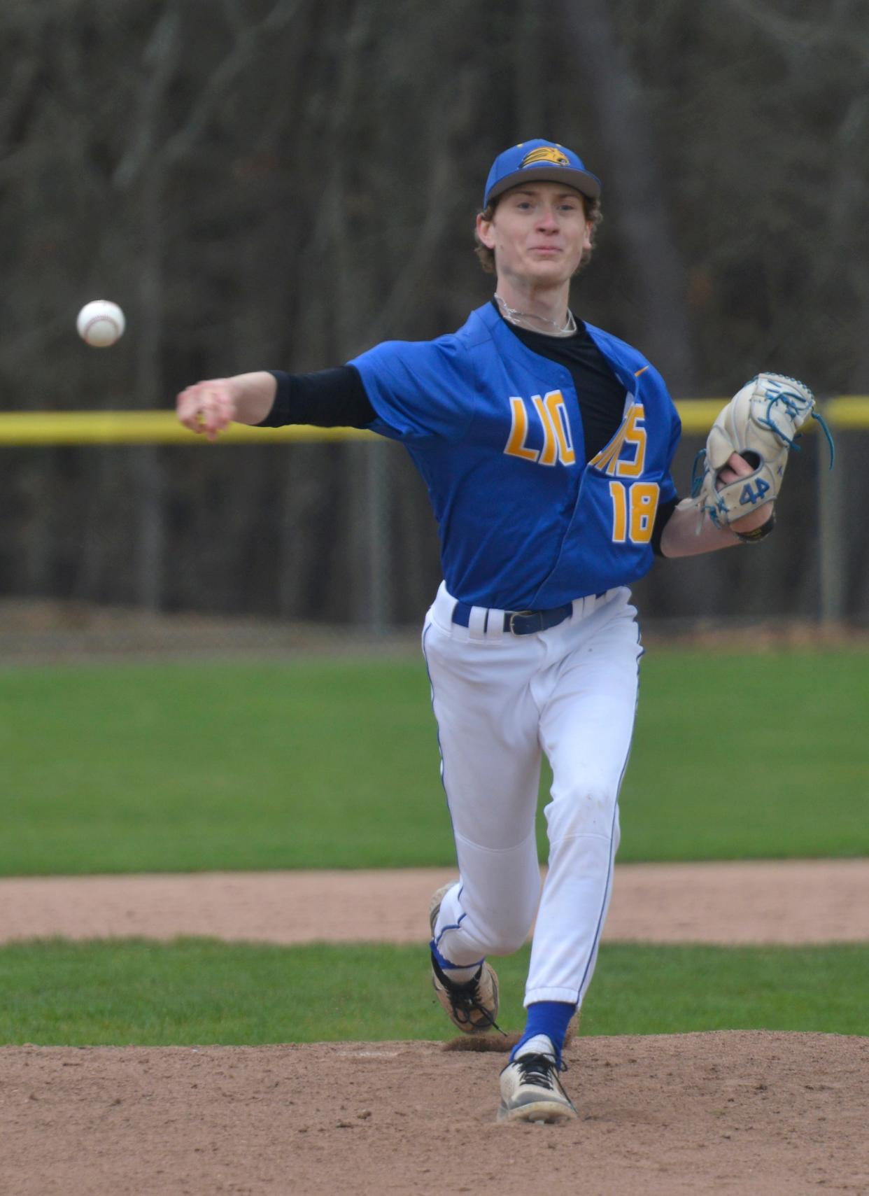 St. John Paul II's Hunter Alten sends a first inning pitch from the mound to a Monomoy batter.