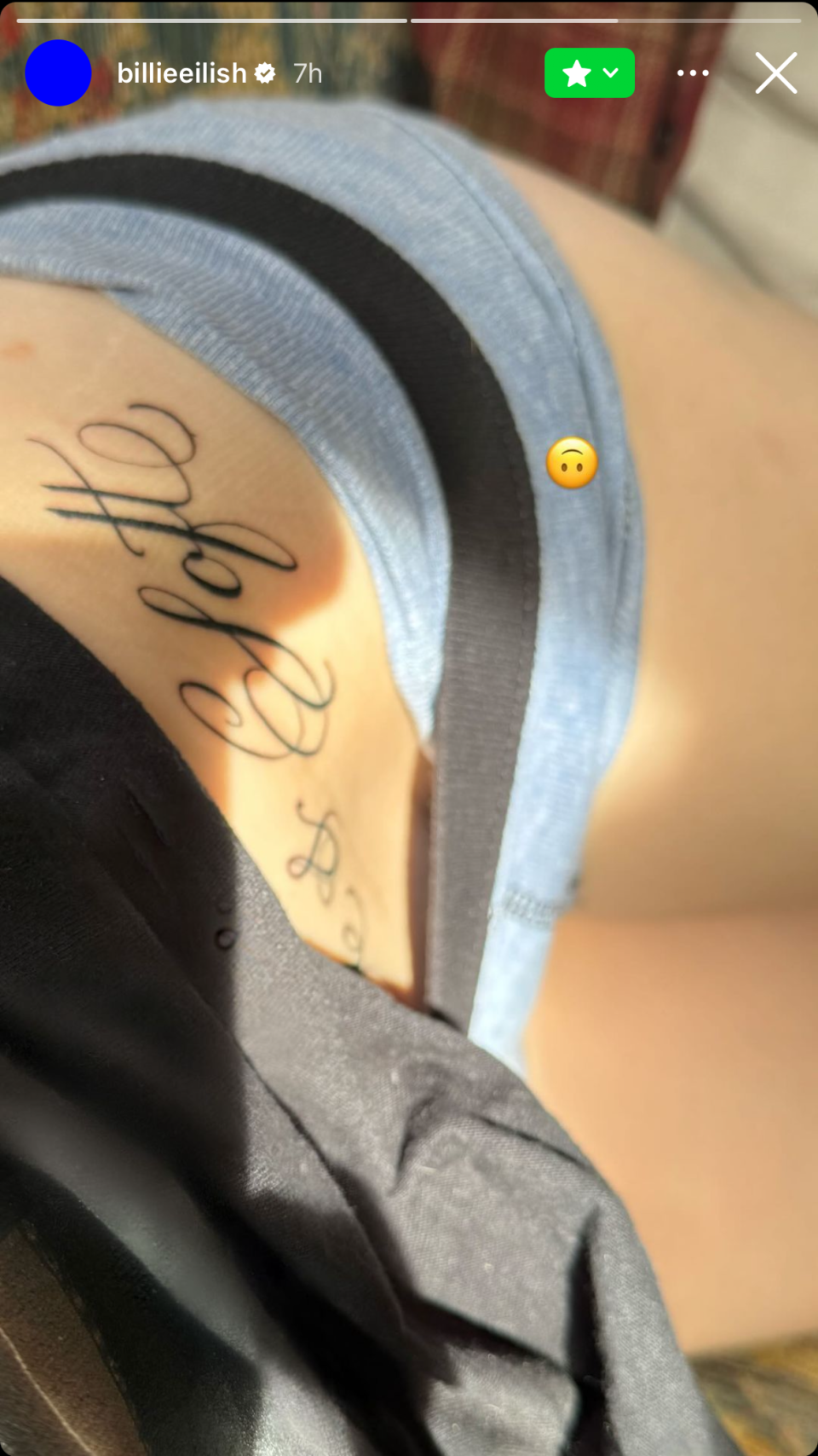 <h1 class="title">Billie Eilish Flaunts Lower Stomach Tattoo on Close Friends Stories — See Photos</h1><cite class="credit">Courtesy of Billie Eilish/Instagram @billieeilish</cite>