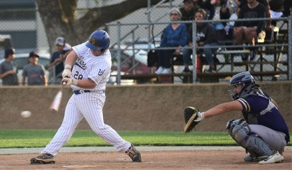Dos Palos High School’s Kanoa Ruiz hits a single during the Merced County All-Star Baseball Game on Saturday, June 10, 2023 at Merced College.