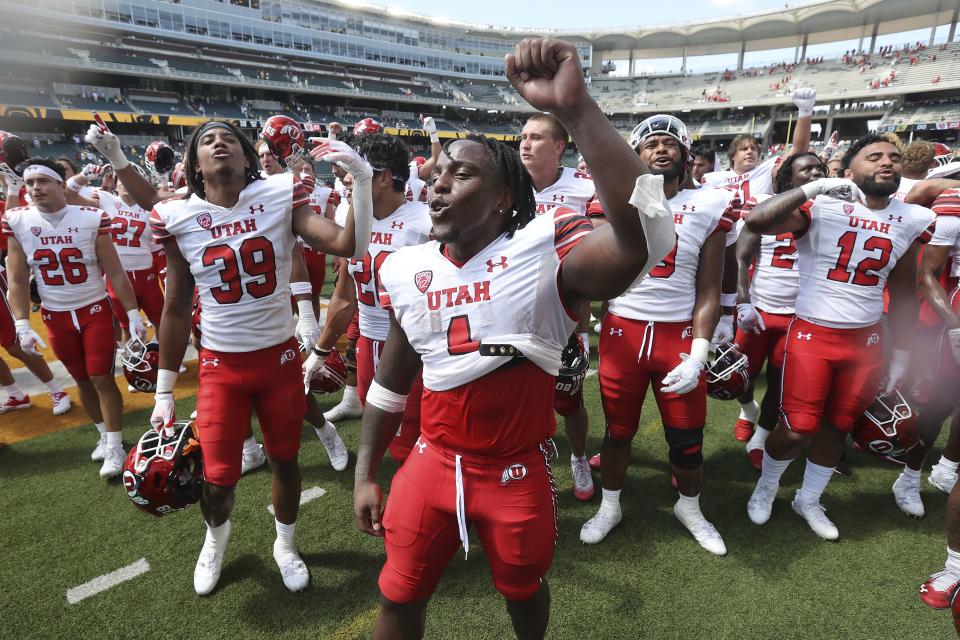 Utah running back Jaylon Glover celebrates with his team after defeating Baylor 20-13 in an NCAA college football game, Saturday, Sept. 9, 2023, in Waco, Texas. (AP Photo/Jerry Larson) | AP