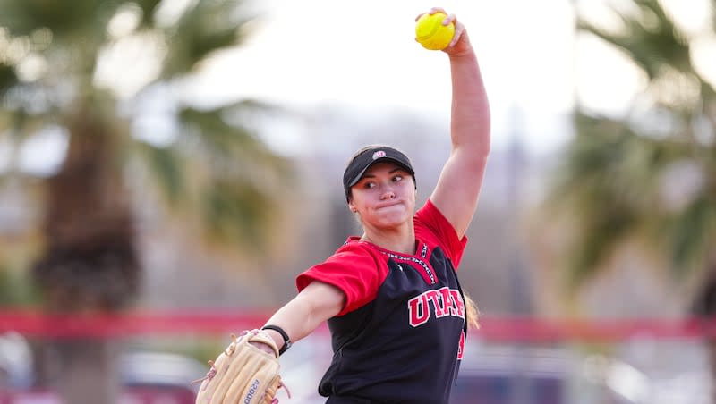 Utah's Mariah Lopez pitches as the Utes play Wisconsin at Karl Brooks Field in St. George, Utah, on Sunday, March 3, 2024.