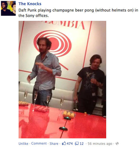 daft punk without helmets, playing champagne pong in 2013.