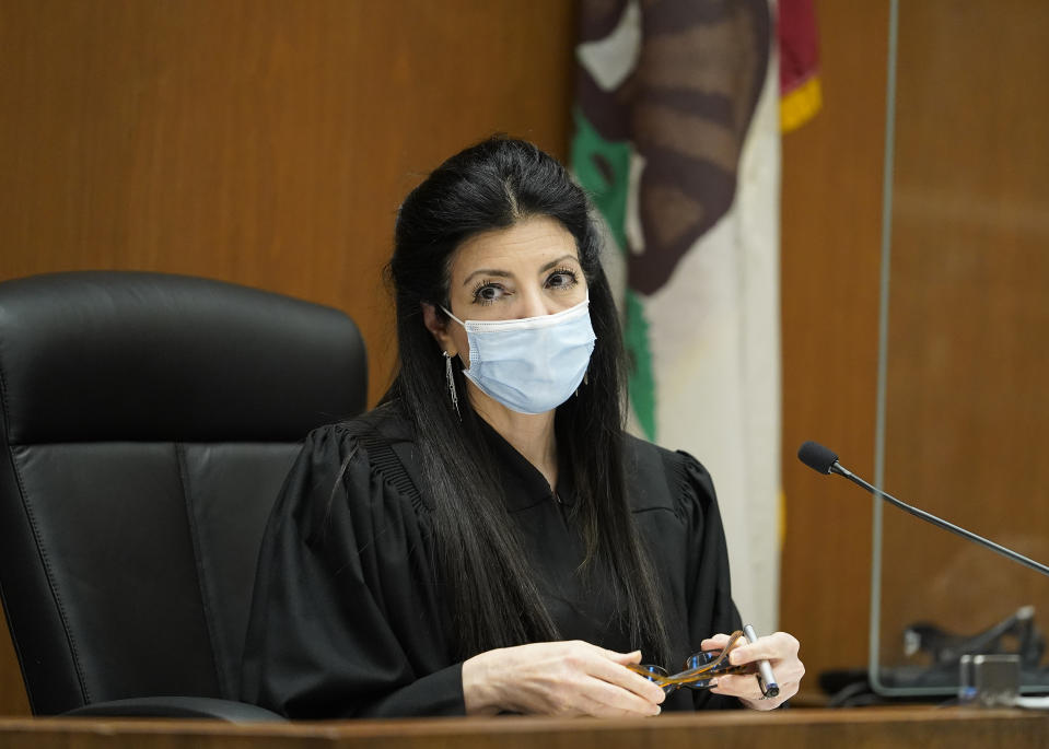 Los Angeles Superior Court Judge Victoria Wilson presides over the arraignment of several people arrested in connection with the theft of Lady Gaga's dog and shooting of her dog walker, Thursday, April 29, 2021, in Los Angeles. Wilson ruled that no pictures or video of suspects will be permitted. (AP Photo/Damian Dovarganes, Pool)