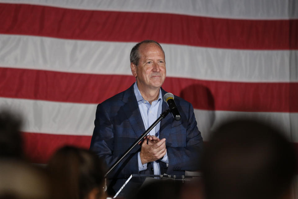 North Carolina 9th district Republican congressional candidate Dan Bishop celebrates his victory in Monroe, N.C., Tuesday, Sept. 10, 2019. (AP Photo/Nell Redmond)