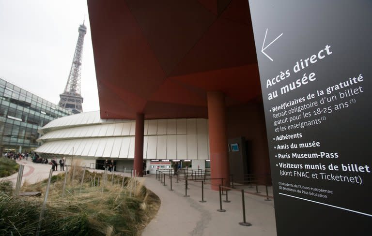 This file photo shows the entrance of the Musee du Quai Branly, in Paris, on March 18, 2010. From Thursday, a massively enlarged version of a work by Australian Aboriginal artist Lena Nyadbi will adorn the roof of the multimedia library at the museum, on the banks of the Seine