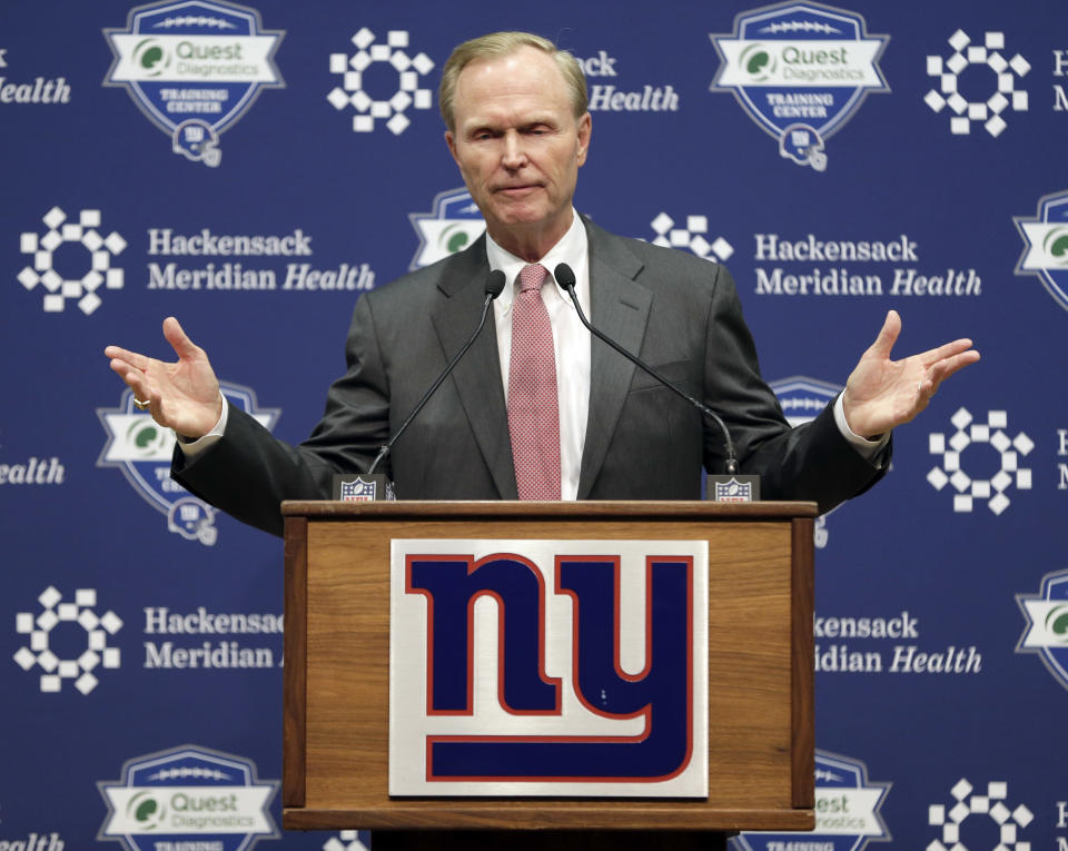 John Mara, owner of the New York Giants, speaks to reporters on Monday. (AP)
