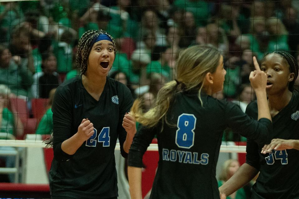Hamilton Southeastern Royals outside hitter Lauren Harden (24) celebrates a point during the second set in the IHSAA Class 4A State Finals against the Yorktown Tigers, Nov. 5, 2022, at Worthen Arena in Muncie, Indiana.