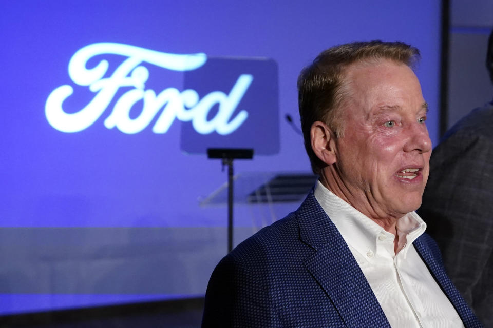 Ford Motor Company Executive Chairman Bill Ford is interviewed before delivering remarks on the future of American manufacturing, Monday, Oct. 16, 2023, in Dearborn, Mich. (AP Photo/Carlos Osorio)