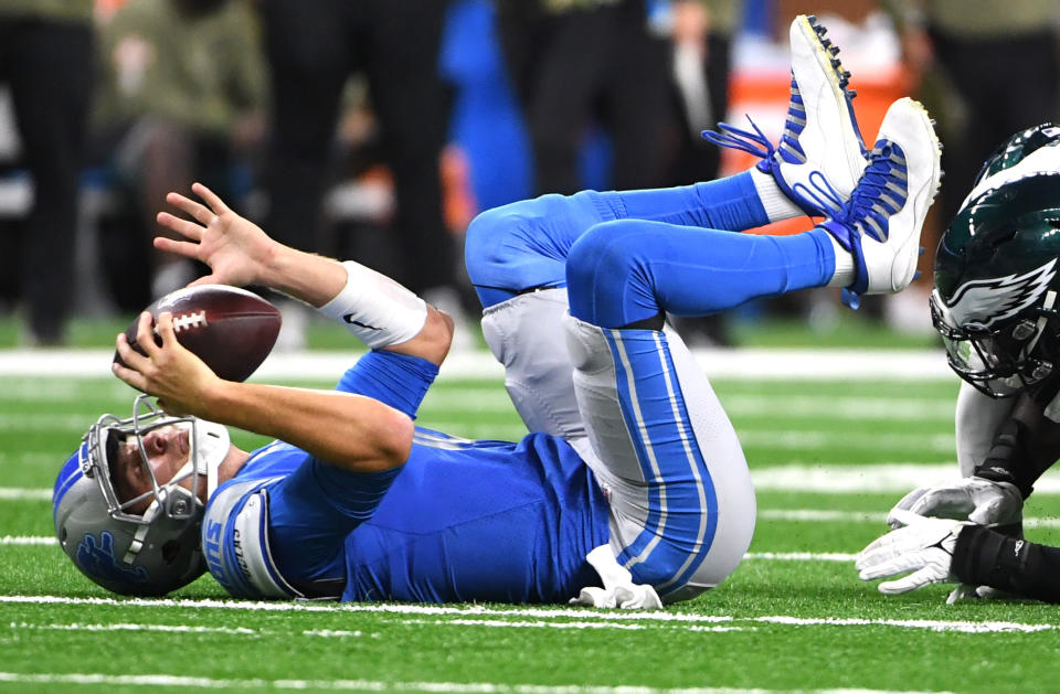 Jared Goff of the Detroit Lions had another forgettable day in another loss. (Photo by Nic Antaya/Getty Images)