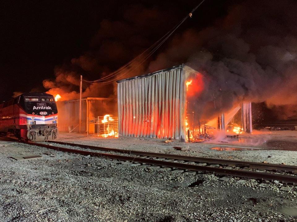 One of the Amtrak storage buildings set on fire in May at the Beech Grove rail yard facility.