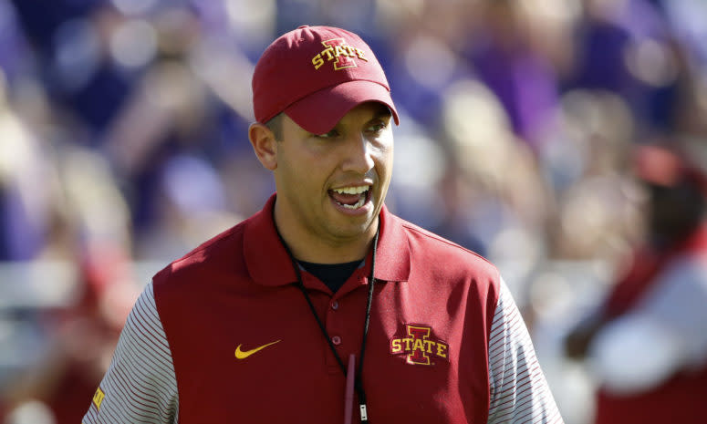 Head coach Matt Campbell of the Iowa State Cyclones looks toward the field of play before the Cyclones take on the TCU Horned Frogs.