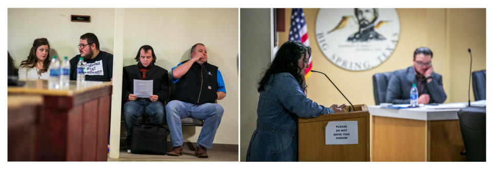 Left:&nbsp;Mark Lee Dickson waits his turn to speak at the Big Spring city council meeting. Right:&nbsp;Stephanie Vela Anderson begs the council to defeat the measure. (Photo: Ilana Panich-Linsman for HuffPost)