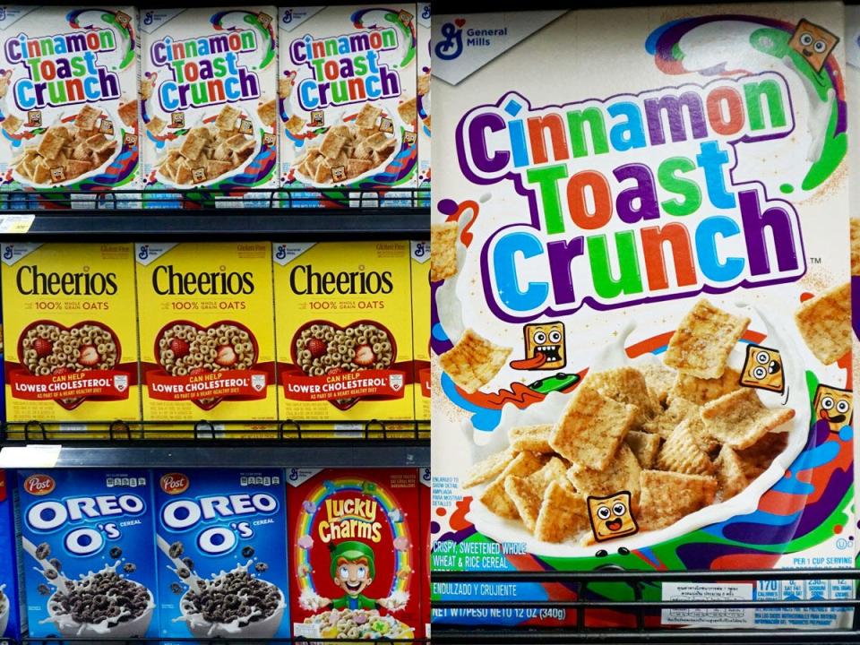 american cereal brans in bangkok thailand, shelf on left and cinnamon toast crunch on right