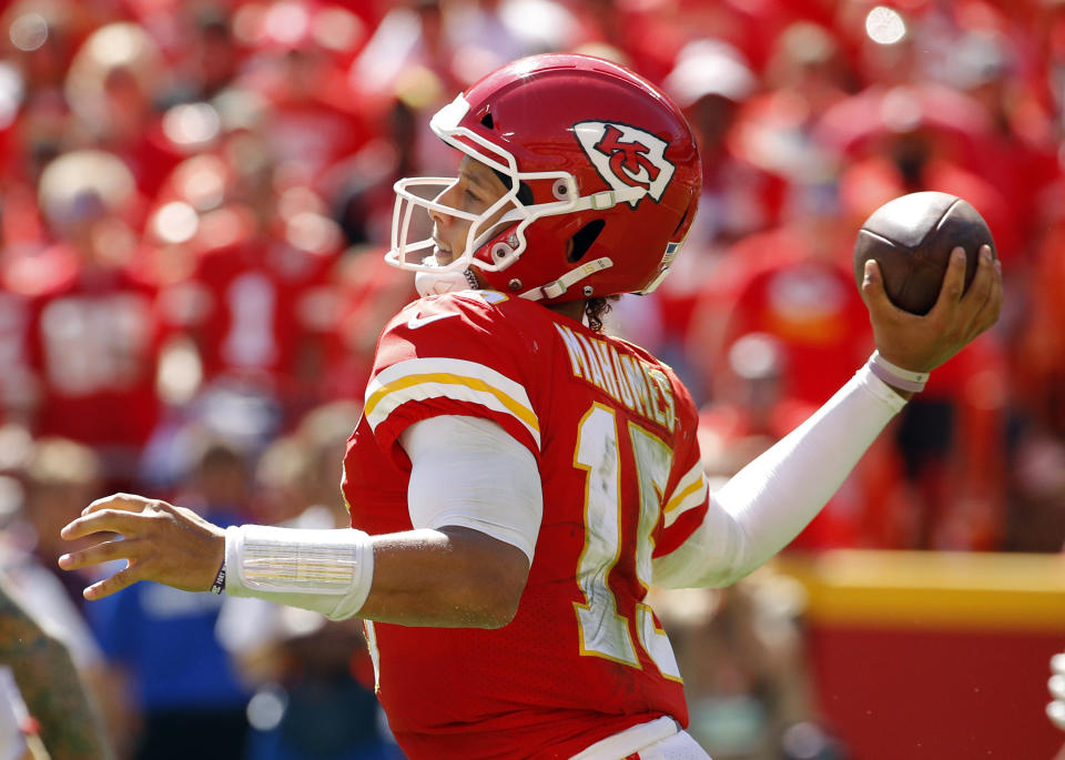 Kansas City Chiefs quarterback Patrick Mahomes (15) prepares to throw during the second half of an NFL football game against the San Francisco 49ers in Kansas City, Mo., Sunday, Sept. 23, 2018. (AP Photo/Charlie Riedel)