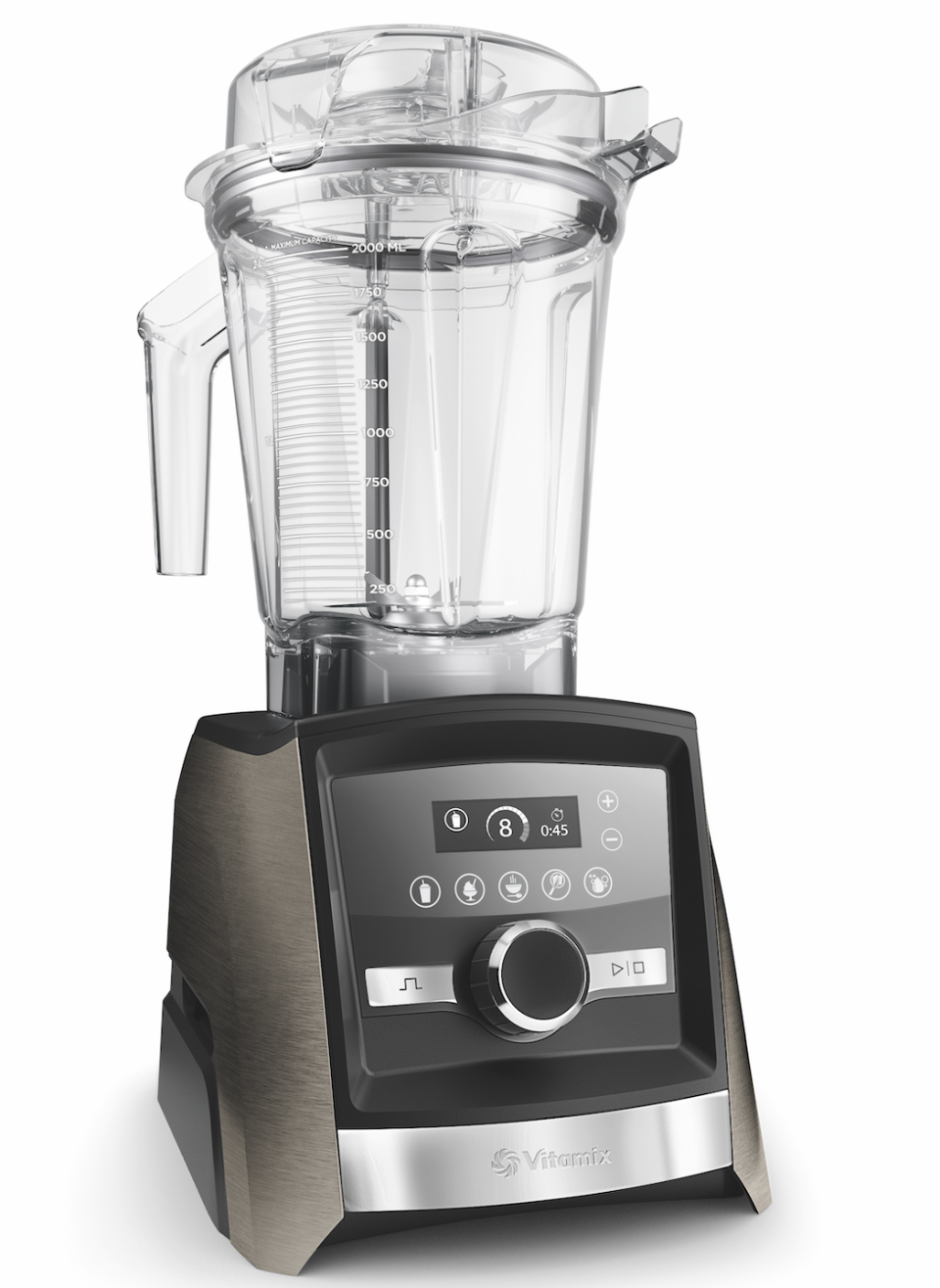 A transparent jug on top of a black and silver blender machine case.