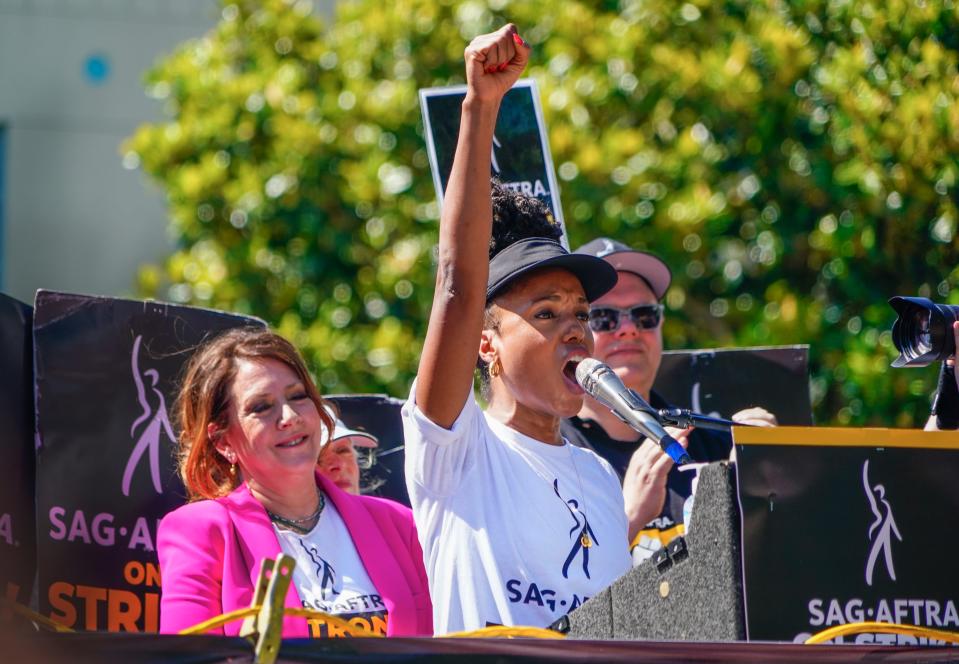 SAG-AFTRA members were on strike for 118 days as WGA members waged a 148-day strike against the Alliance of Motion Picture and Television Producers. Here, Kerry Washington speaks at an August rally for both unions.