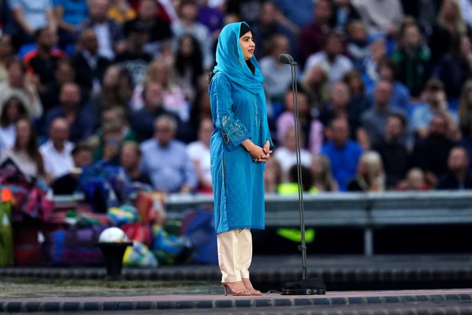 Activist Malala Yousafzai, who settled in Birmingham when she came to the UK, addresses the crowd (David Davies/PA) (PA Wire)