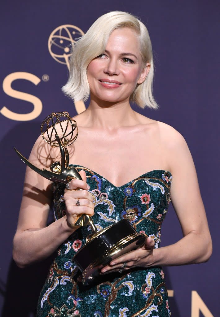 <p>This ultra-white shade <strong>Michelle Williams</strong> is sporting takes platinum blonde to the next level. The almost-silver hair color is trending all over Instagram as of late (blame Daenerys Targaryen). Make sure you grab some<a href="https://www.goodhousekeeping.com/beauty/g26817422/best-purple-shampoos/" rel="nofollow noopener" target="_blank" data-ylk="slk:purple shampoo to maintain this icy hue;elm:context_link;itc:0;sec:content-canvas" class="link "> purple shampoo to maintain this icy hue</a>.</p>