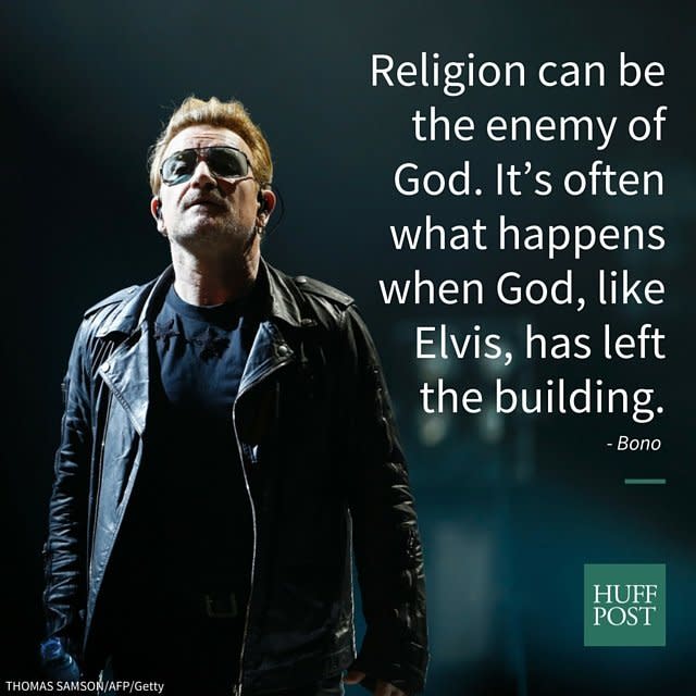 "Religion can be the enemy of God. It&rsquo;s often what happens when God, like Elvis, has left the building. A list of instructions where there once was conviction; dogma where once people just did it; a congregation led by a man where once they were led by the Holy Spirit."<br />- An excerpt from <i><a href="https://books.google.com/books?id=3R56DJh7cFkC&amp;pg=PA60&amp;lpg=PA60&amp;dq=Coolness+might+help+in+your+negotiation+with+people+through+the+world,+maybe,+but+it+is+impossible+to+meet+God+with+sunglasses+on.+The+gauche+nature+of+awe,+of+worship,+the+wonderment+at+the+world+around+you.&amp;source=bl&amp;ots=KGKkLWR4zc&amp;sig=VzRnfjzKqG8mw2Bgxx3ILYSYv1M&amp;hl=en&amp;sa=X&amp;ved=0ahUKEwj7i-O68M_MAhXMFh4KHX8jDDcQ6AEIKjAC#v=onepage&amp;q=elvis&amp;f=false" target="_blank">Bono: In Conversation with Michka Assayas</a></i>