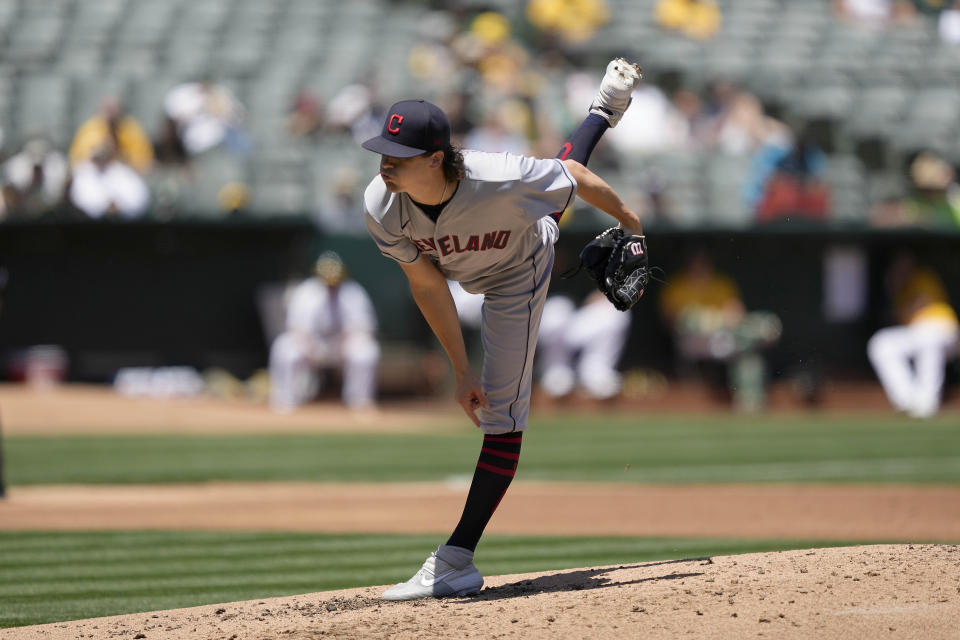 Cleveland Indians starting pitcher Cal Quantrill throws against theOakland Athletics during the second inning of a baseball game Saturday, July 17, 2021, in Oakland, Calif. (AP Photo/Tony Avelar)