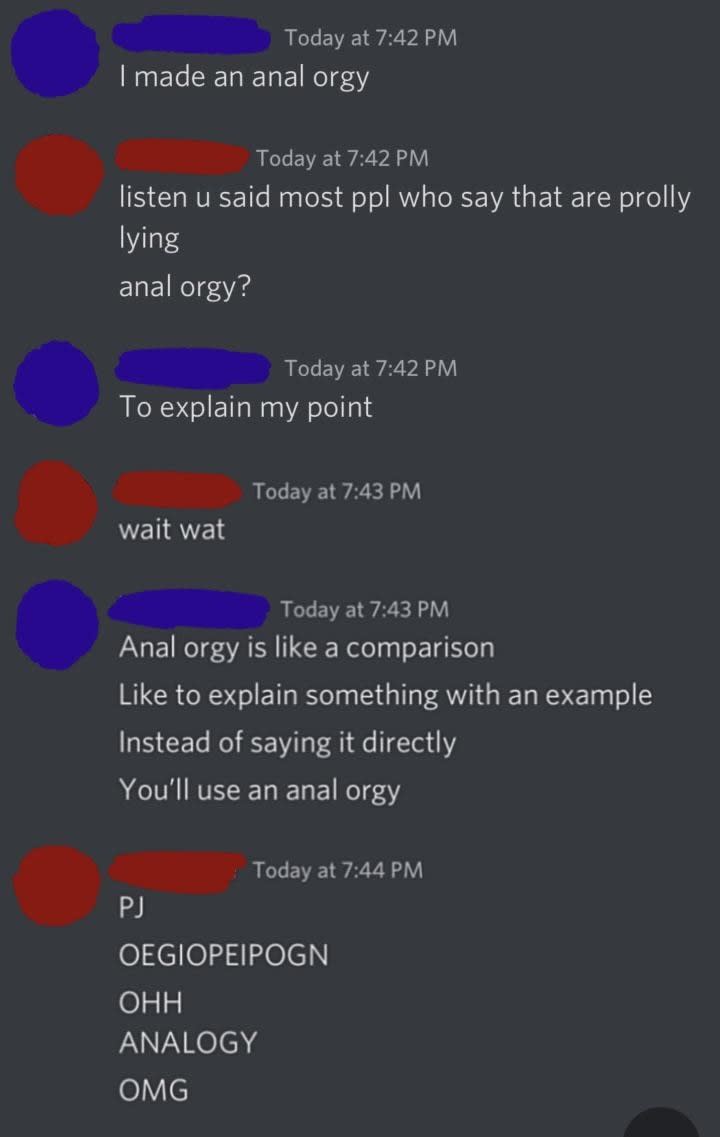 Person saying "anal orgy" instead of analogy