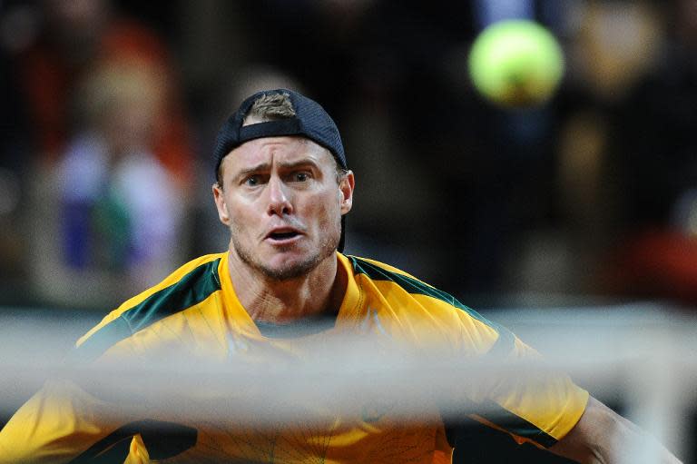 Australia's Lleyton Hewitt eyes the ball during a Davis Cup match in Mouilleron-le-Captif, western France, on January 31, 2014